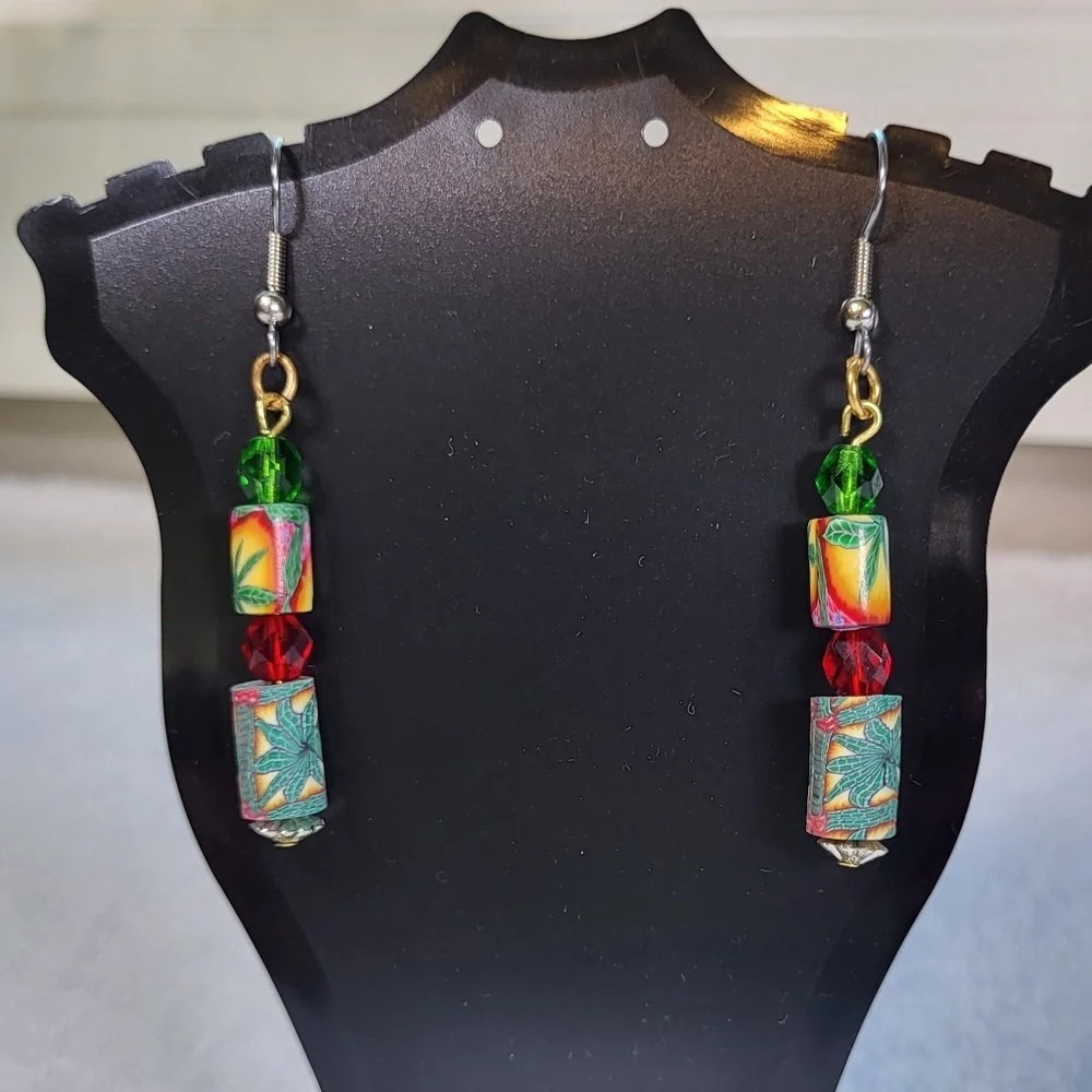 ARTISAN Herb Beaded Statement Dangle Earrings / Pierced